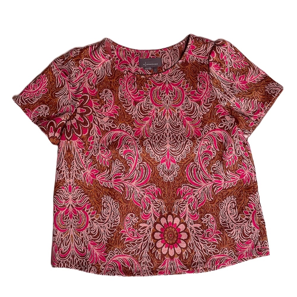 *Anthropologie* Demeter Short Sleeve Top Paisley Floral Pink Red Tapestry, SZ Lg